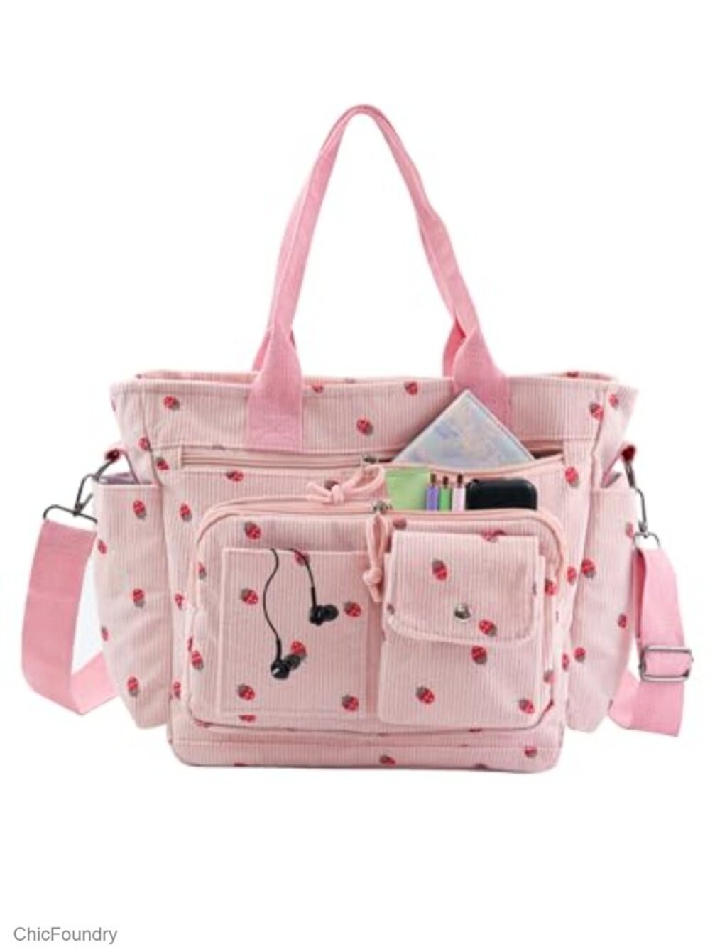 Corduroy Tote Bag with Crossbody Strap Multi-Pocket Handbag